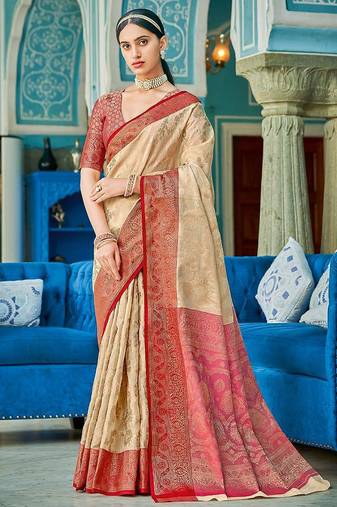 Cream & red linen cotton blend saree with rich zari woven border