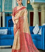 Cream & red linen cotton blend saree with rich zari woven border