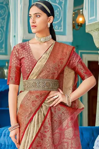 Cream & red linen cotton blend saree with rich zari woven border