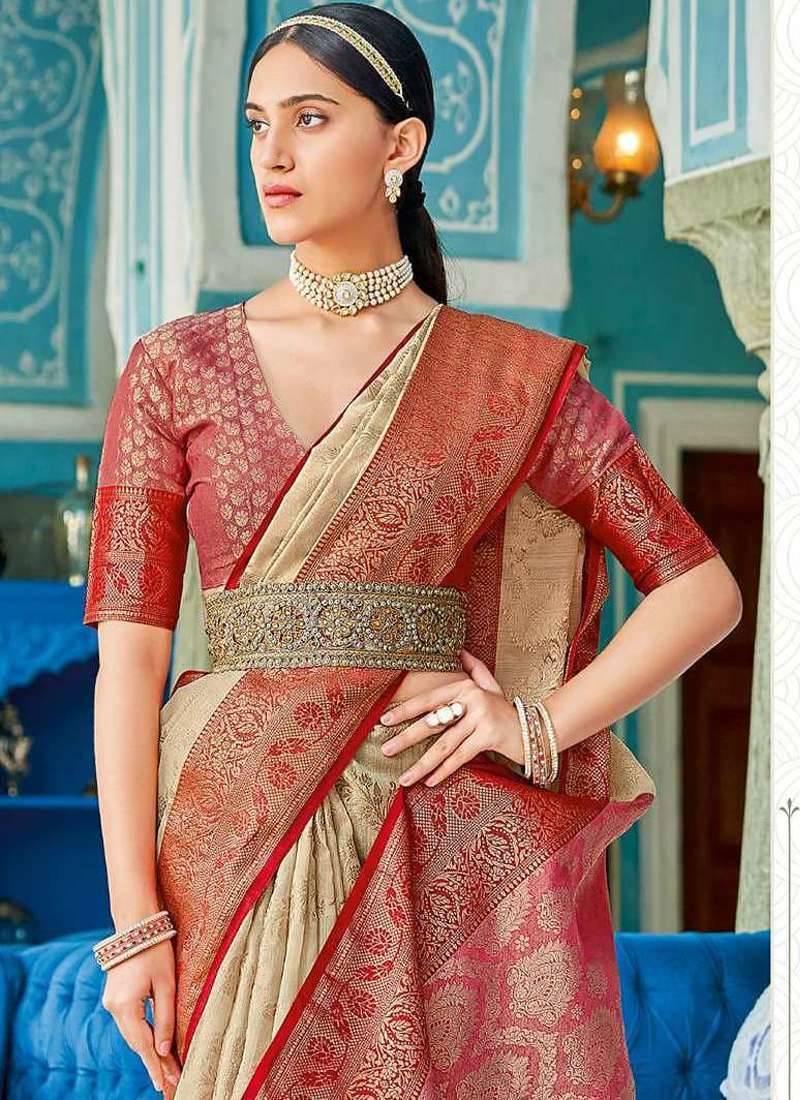 Cream & red linen cotton blend saree with rich zari woven border