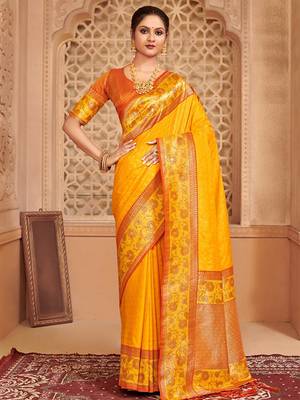 Mustard banarasi silk blend gold zari weaving saree with contrast border 1