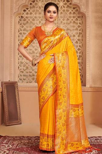 Mustard banarasi silk blend gold zari weaving saree with contrast border