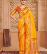 Mustard banarasi silk blend gold zari weaving saree with contrast border