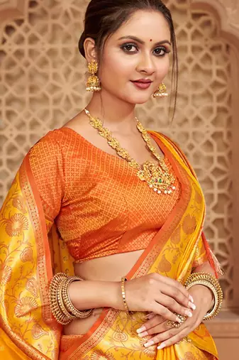 Mustard banarasi silk blend gold zari weaving saree with contrast border
