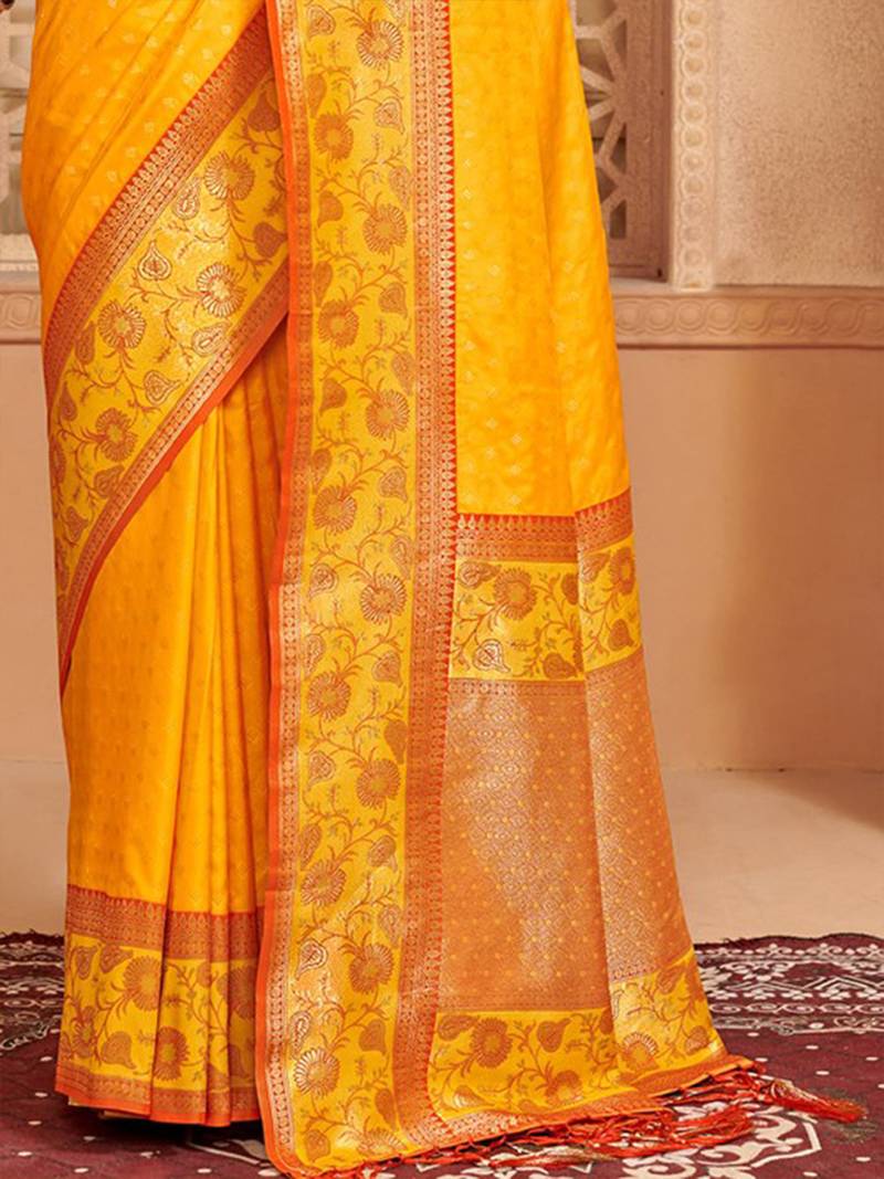 Mustard banarasi silk blend gold zari weaving saree with contrast border