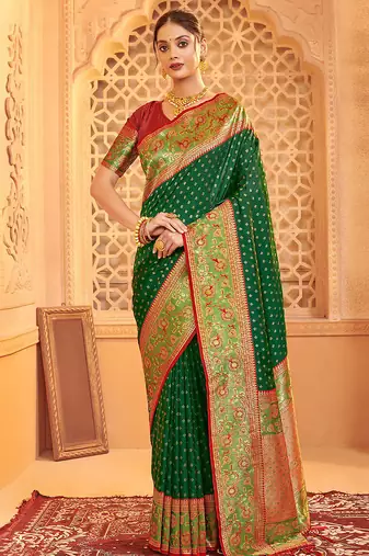 Dark green banarasi silk blend gold zari weaving saree with contrast border