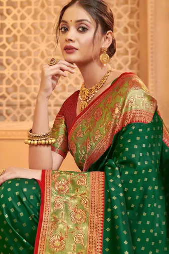 Dark green banarasi silk blend gold zari weaving saree with contrast border
