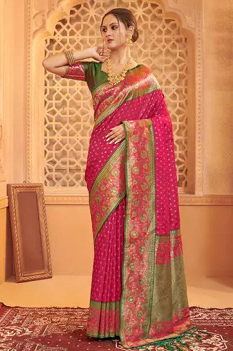 Rani pink banarasi silk blend gold zari weaving saree with contrast border