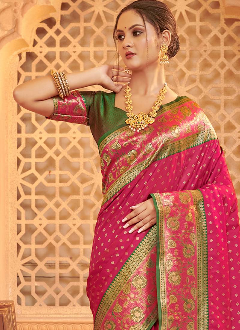 Rani pink banarasi silk blend gold zari weaving saree with contrast border