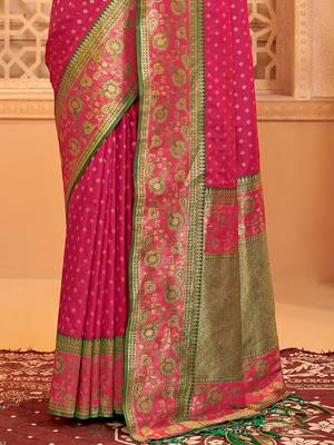 Rani pink banarasi silk blend gold zari weaving saree with contrast border 3