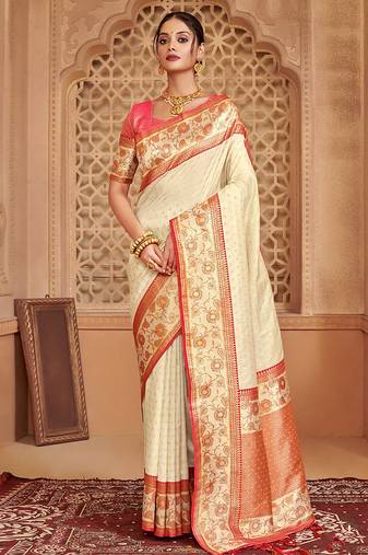 Off white banarasi silk blend gold zari weaving saree with contrast border