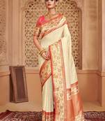 Off white banarasi silk blend gold zari weaving saree with contrast border