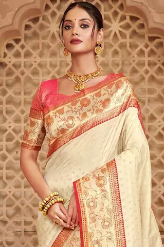 Off white banarasi silk blend gold zari weaving saree with contrast border