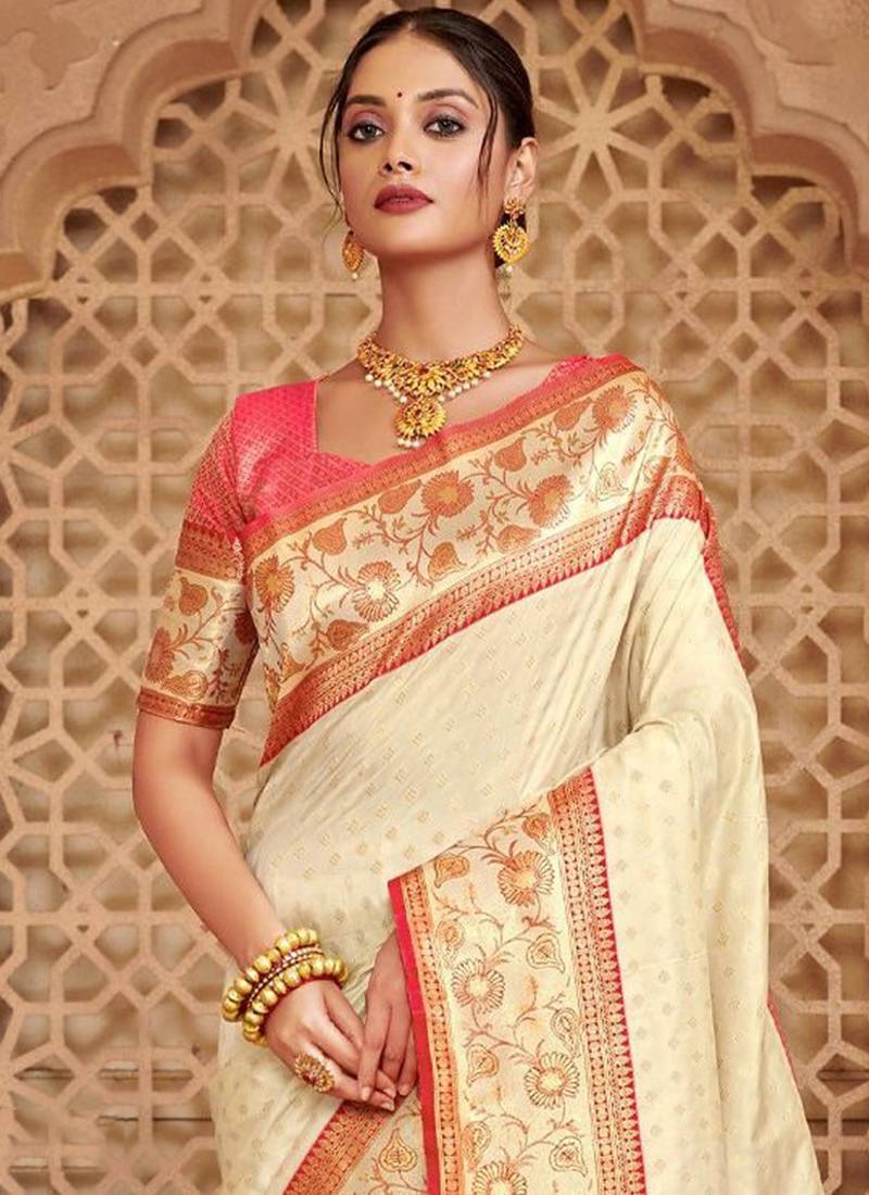 Off white banarasi silk blend gold zari weaving saree with contrast border