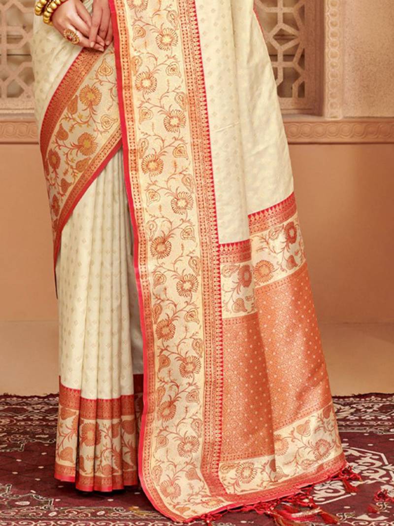 Off white banarasi silk blend gold zari weaving saree with contrast border