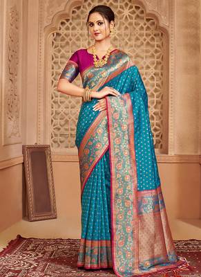 Teal blue banarasi silk blend gold zari weaving saree with contrast border 1