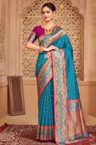 Teal blue banarasi silk blend gold zari weaving saree with contrast border