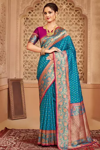 Teal blue banarasi silk blend gold zari weaving saree with contrast border