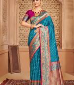 Teal blue banarasi silk blend gold zari weaving saree with contrast border