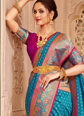 Teal blue banarasi silk blend gold zari weaving saree with contrast border 2