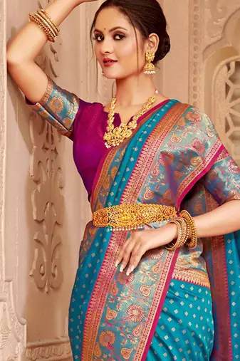 Teal blue banarasi silk blend gold zari weaving saree with contrast border