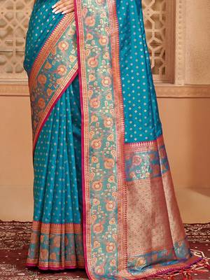 Teal blue banarasi silk blend gold zari weaving saree with contrast border 3
