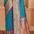 Teal blue banarasi silk blend gold zari weaving saree with contrast border
