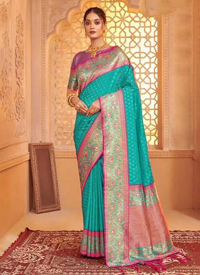 Turquoise banarasi silk blend gold zari weaving saree with contrast border 1