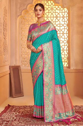 Turquoise banarasi silk blend gold zari weaving saree with contrast border