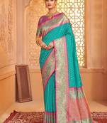 Turquoise banarasi silk blend gold zari weaving saree with contrast border