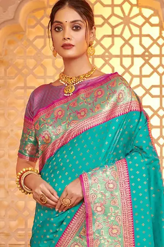 Turquoise banarasi silk blend gold zari weaving saree with contrast border
