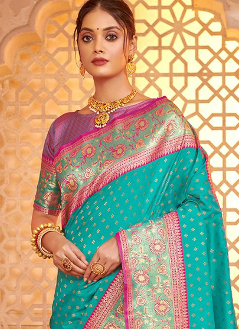 Turquoise banarasi silk blend gold zari weaving saree with contrast border