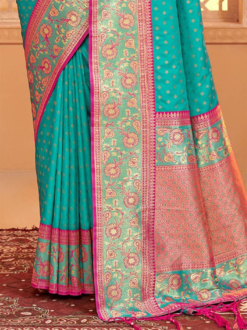 Turquoise banarasi silk blend gold zari weaving saree with contrast border