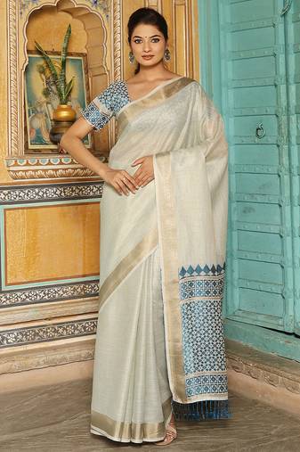 Off white woven linen silk saree with gold zari border