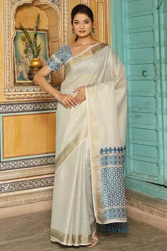 Off white woven linen silk saree with gold zari border