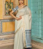 Off white woven linen silk saree with gold zari border