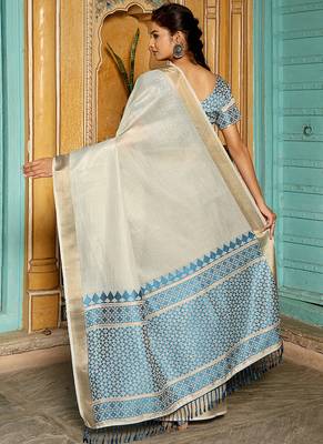 Off white woven linen silk saree with gold zari border 2