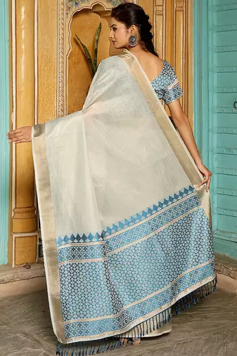 Off white woven linen silk saree with gold zari border