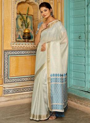 Off white woven linen silk saree with gold zari border 3