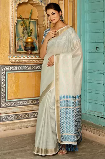 Off white woven linen silk saree with gold zari border
