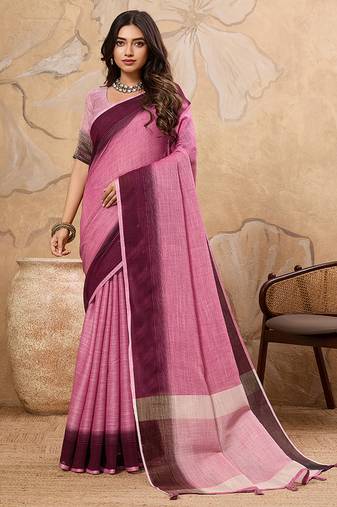 Pink linen cotton blend saree with contrast border