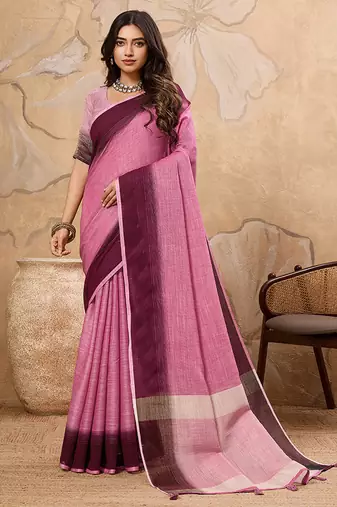 Pink linen cotton blend saree with contrast border