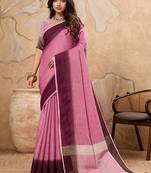 Pink linen cotton blend saree with contrast border