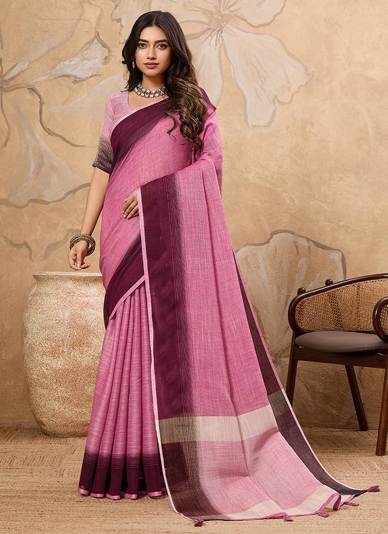 Pink linen cotton blend saree with contrast border