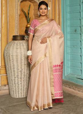 Off white woven linen silk saree with gold zari border 1