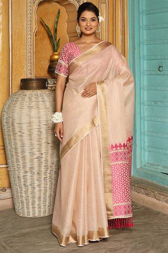 Off white woven linen silk saree with gold zari border