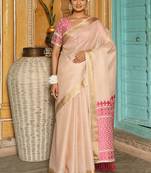 Off white woven linen silk saree with gold zari border