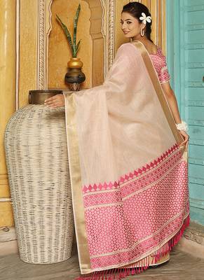 Off white woven linen silk saree with gold zari border 2