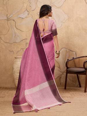 Pink linen cotton blend saree with contrast border 2
