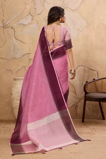 Pink linen cotton blend saree with contrast border